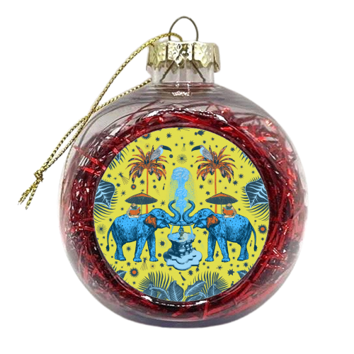 March Of The Elephants - Yellow & Blue - xmas bauble by Wallace Elizabeth