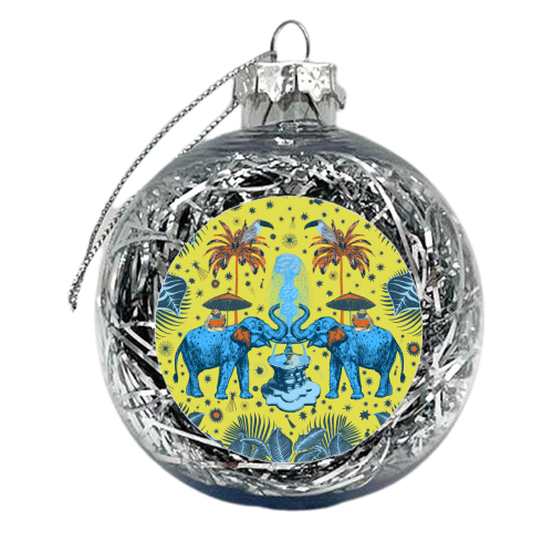 March Of The Elephants - Yellow & Blue - xmas bauble by Wallace Elizabeth