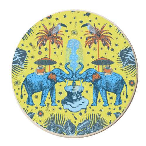 March Of The Elephants - Yellow & Blue - personalised beer coaster by Wallace Elizabeth