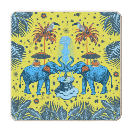 March Of The Elephants - Yellow & Blue - personalised beer coaster by Wallace Elizabeth
