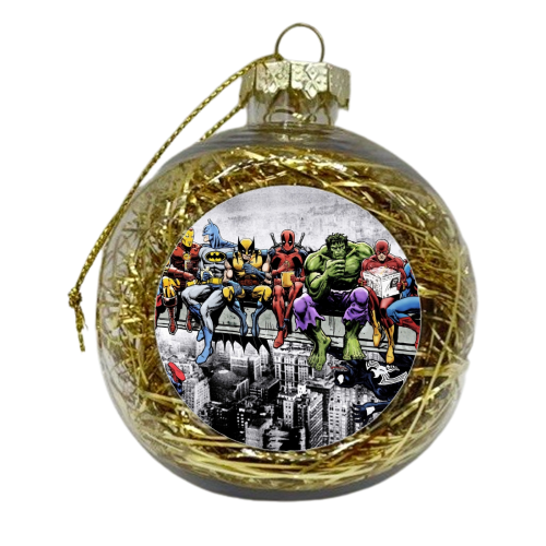 Marvel & DC Superheroes Lunch Atop A Skyscraper: Featuring Captain America, Iron Man, Batman, Wolverine, Deadpool, Hulk, Flash & Superman - xmas bauble by Dan Avenell
