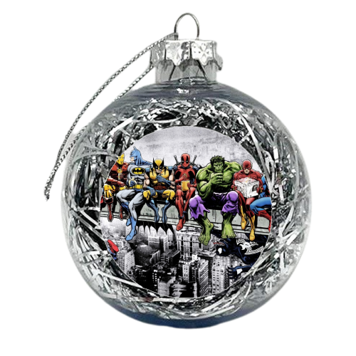 Marvel & DC Superheroes Lunch Atop A Skyscraper: Featuring Captain America, Iron Man, Batman, Wolverine, Deadpool, Hulk, Flash & Superman - xmas bauble by Dan Avenell