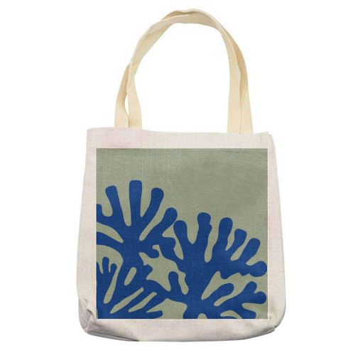 Matisse Inspired Boho Coral Reef Cobalt Blue Sage Green - printed canvas tote bag by Art Heart Home and Fashion