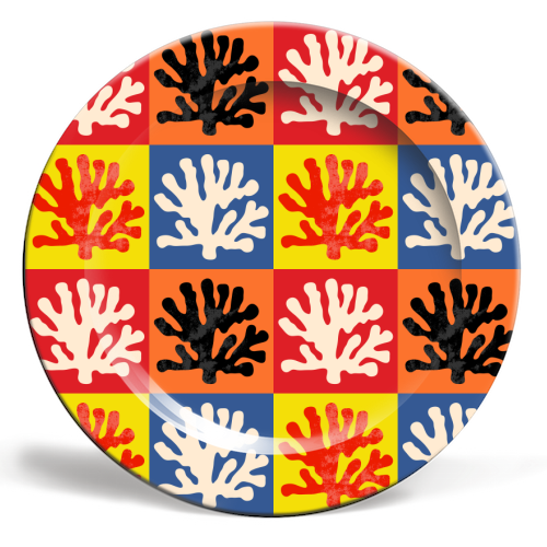 Matisse Inspired Pop Art Coral Reef Red Orange Yellow Blue Black Beige - ceramic dinner plate by Art Heart Home and Fashion