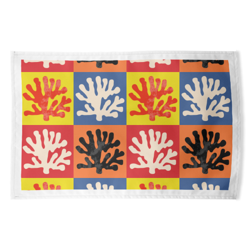 Matisse Inspired Pop Art Coral Reef Red Orange Yellow Blue Black Beige - funny tea towel by Art Heart Home and Fashion