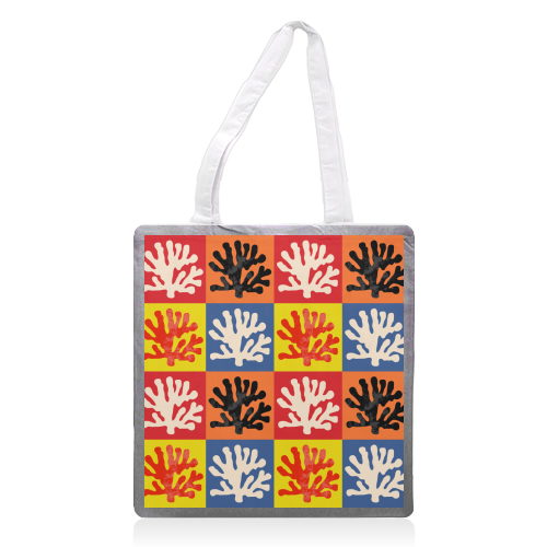 Matisse Inspired Pop Art Coral Reef Red Orange Yellow Blue Black Beige - printed canvas tote bag by Art Heart Home and Fashion