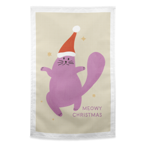 Meowy Christmas Cute Cat Santa Illustration - funny tea towel by Ania Wieclaw