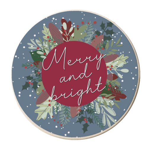 Merry and bright Christmas wreath - personalised beer coaster by The Girl Next Draw