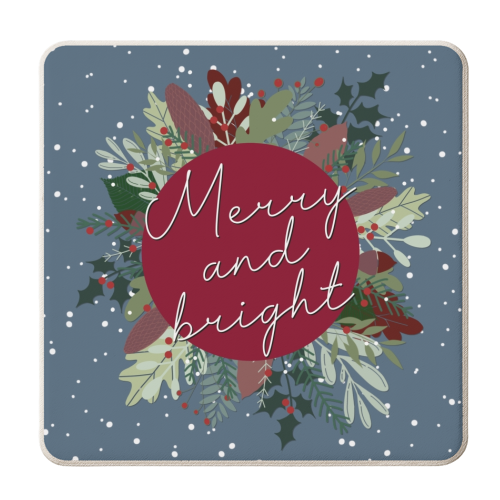 Merry and bright Christmas wreath - personalised beer coaster by The Girl Next Draw