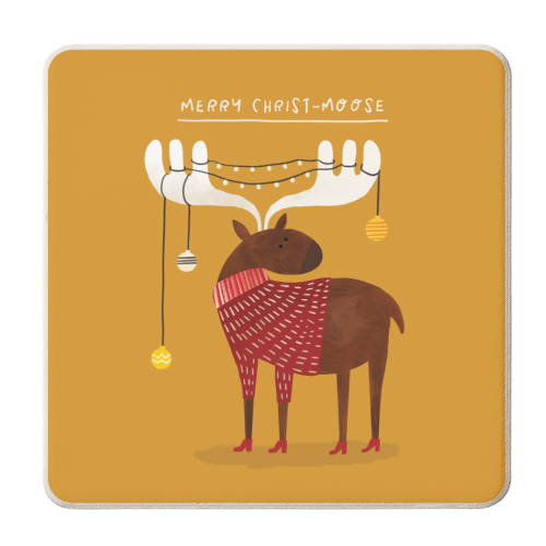 Merry Christ-moose Christmas Illustration - personalised beer coaster by AbiGoLucky