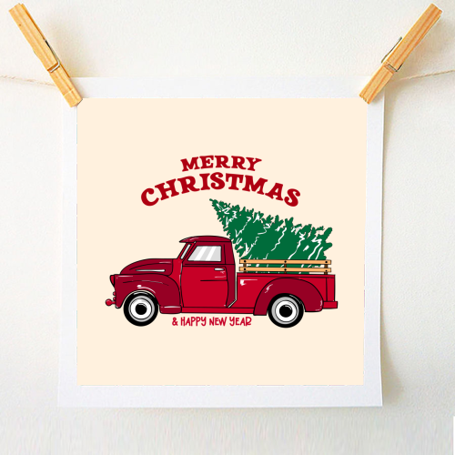 Merry Christmas Red Truck with Tree Vintage Illustration - A1 - A4 art print by EZbie