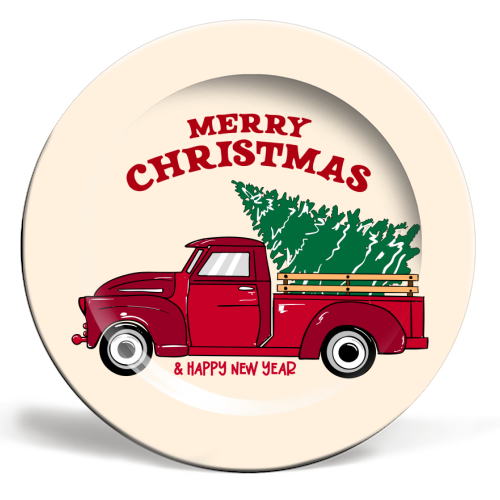 Merry Christmas Red Truck with Tree Vintage Illustration - ceramic dinner plate by EZbie