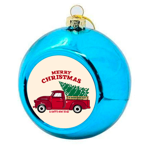 Merry Christmas Red Truck with Tree Vintage Illustration - colourful christmas bauble by EZbie