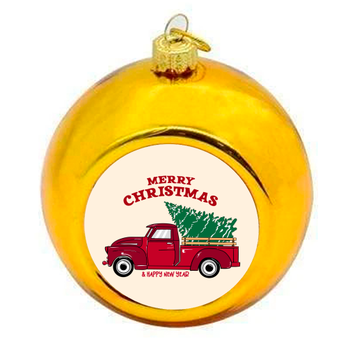 Merry Christmas Red Truck with Tree Vintage Illustration - colourful christmas bauble by EZbie