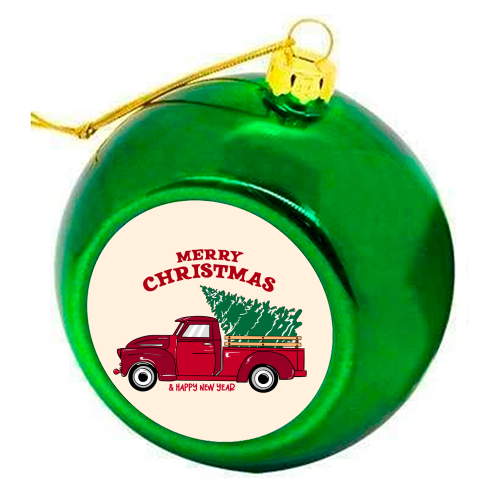 Merry Christmas Red Truck with Tree Vintage Illustration - colourful christmas bauble by EZbie