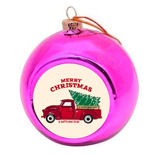 Merry Christmas Red Truck with Tree Vintage Illustration - colourful christmas bauble by EZbie