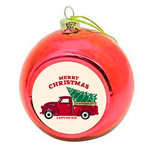 Merry Christmas Red Truck with Tree Vintage Illustration - colourful christmas bauble by EZbie