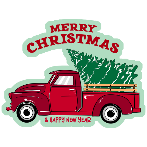 Merry Christmas Red Truck with Tree Vintage Illustration - Die Cut Sticker by EZbie
