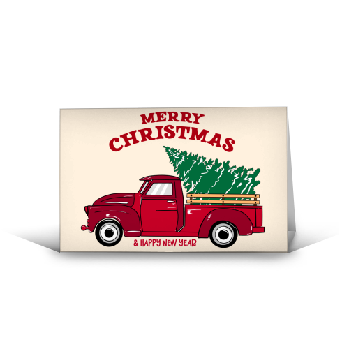 Merry Christmas Red Truck with Tree Vintage Illustration - funny greeting card by EZbie