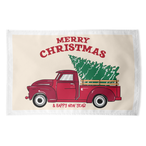 Merry Christmas Red Truck with Tree Vintage Illustration - funny tea towel by EZbie