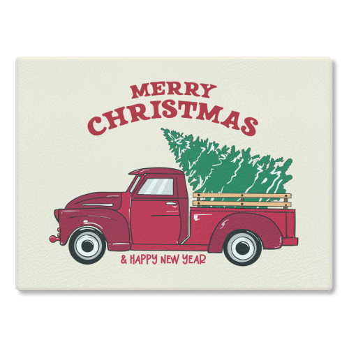 Merry Christmas Red Truck with Tree Vintage Illustration - glass chopping board by EZbie