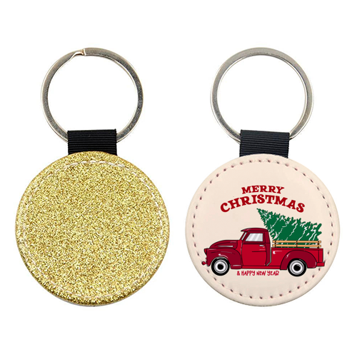 Merry Christmas Red Truck with Tree Vintage Illustration - keyring by EZbie