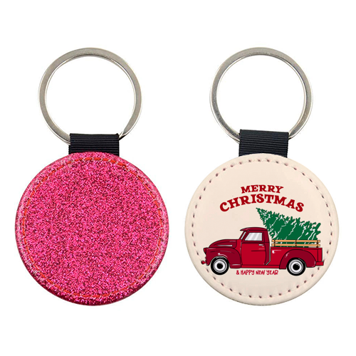 Merry Christmas Red Truck with Tree Vintage Illustration - keyring by EZbie