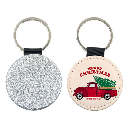 Merry Christmas Red Truck with Tree Vintage Illustration - keyring by EZbie