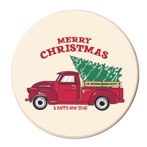 Merry Christmas Red Truck with Tree Vintage Illustration - personalised beer coaster by EZbie