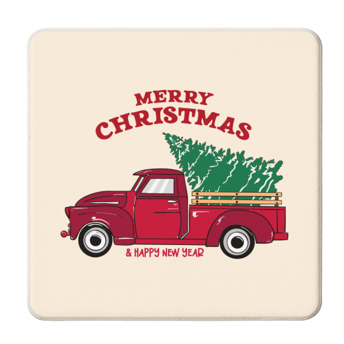 Merry Christmas Red Truck with Tree Vintage Illustration - personalised beer coaster by EZbie