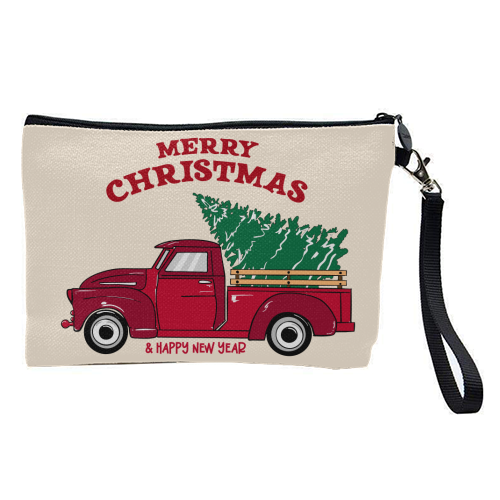 Merry Christmas Red Truck with Tree Vintage Illustration - pretty makeup bag by EZbie