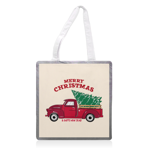 Merry Christmas Red Truck with Tree Vintage Illustration - printed canvas tote bag by EZbie