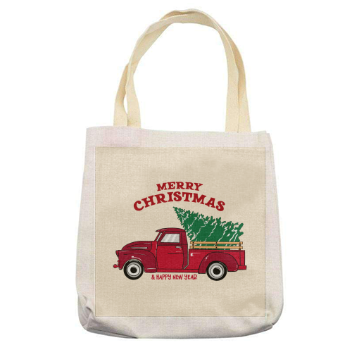 Merry Christmas Red Truck with Tree Vintage Illustration - printed canvas tote bag by EZbie