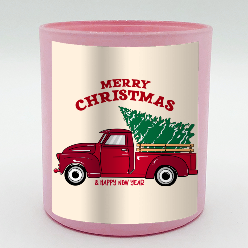 Merry Christmas Red Truck with Tree Vintage Illustration - scented candle by EZbie