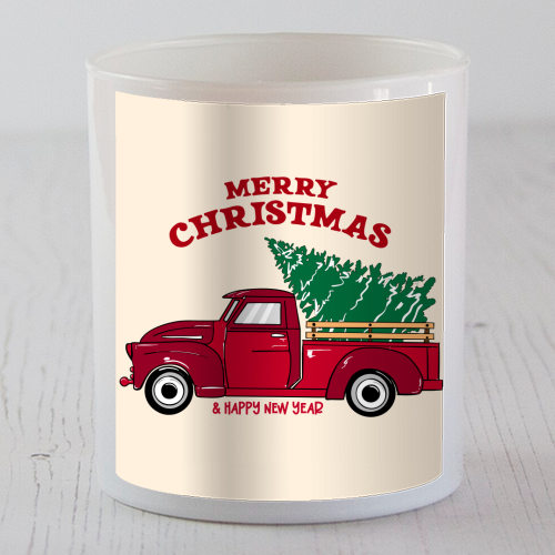 Merry Christmas Red Truck with Tree Vintage Illustration - scented candle by EZbie