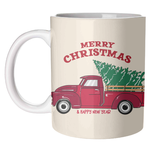 Merry Christmas Red Truck with Tree Vintage Illustration - unique mug by EZbie