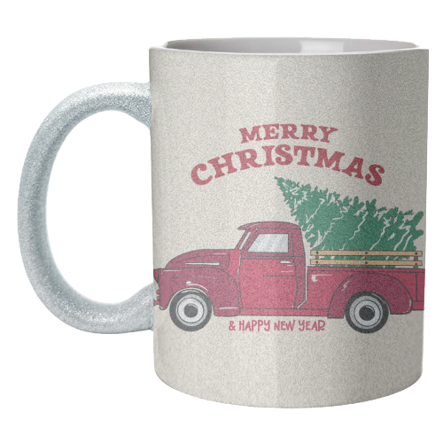 Merry Christmas Red Truck with Tree Vintage Illustration - unique mug by EZbie