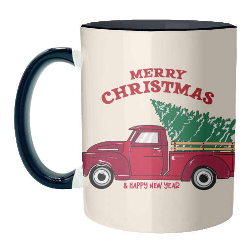 Merry Christmas Red Truck with Tree Vintage Illustration - unique mug by EZbie
