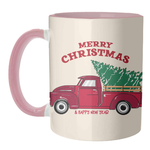 Merry Christmas Red Truck with Tree Vintage Illustration - unique mug by EZbie