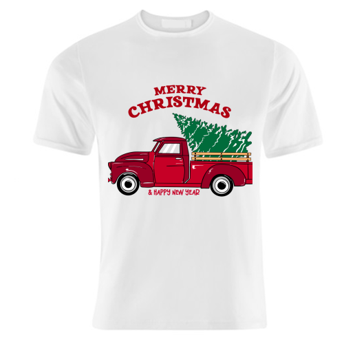 Merry Christmas Red Truck with Tree Vintage Illustration - unique t shirt by EZbie