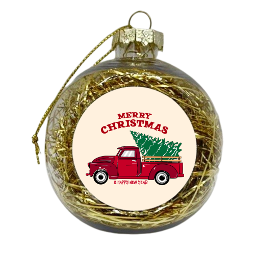 Merry Christmas Red Truck with Tree Vintage Illustration - xmas bauble by EZbie