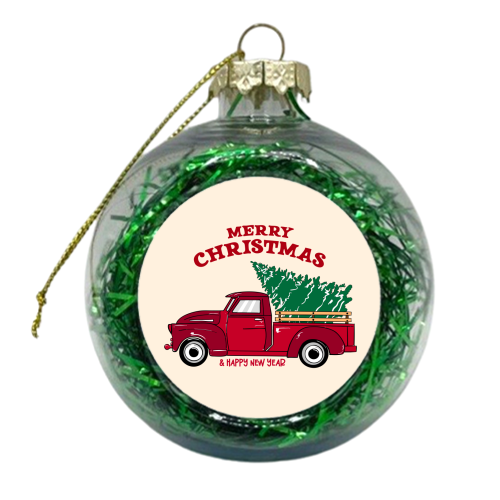 Merry Christmas Red Truck with Tree Vintage Illustration - xmas bauble by EZbie