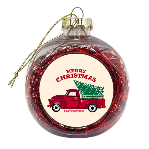Merry Christmas Red Truck with Tree Vintage Illustration - xmas bauble by EZbie