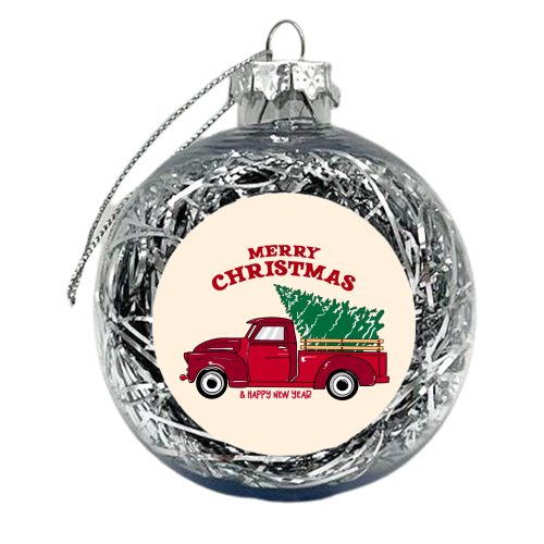 Merry Christmas Red Truck with Tree Vintage Illustration - xmas bauble by EZbie