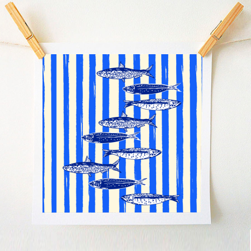 Minimalist Sardines on Blue Stripes - A1 - A4 art print by EZbie