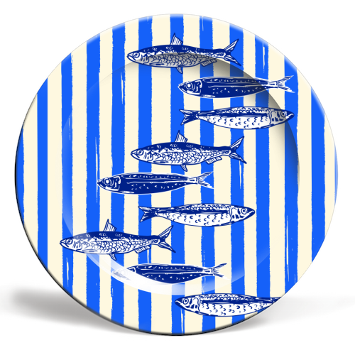 Minimalist Sardines on Blue Stripes - ceramic dinner plate by EZbie