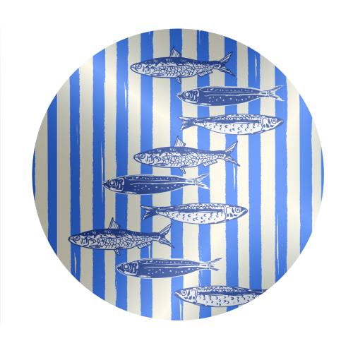 Minimalist Sardines on Blue Stripes - Circle Sticker by EZbie