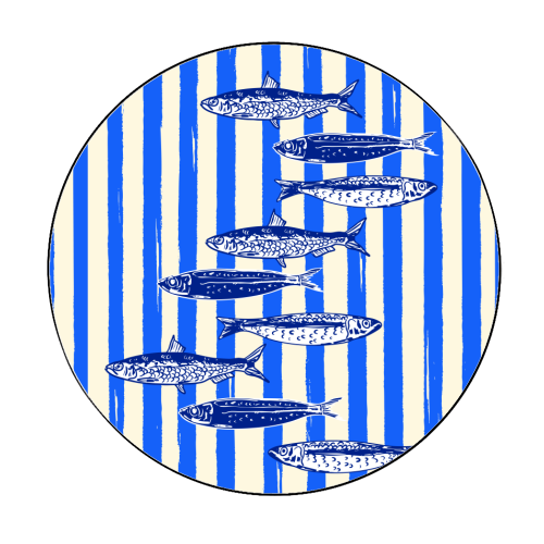 Minimalist Sardines on Blue Stripes - Circle Sticker by EZbie