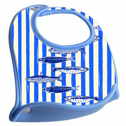Minimalist Sardines on Blue Stripes - feeding bib by EZbie