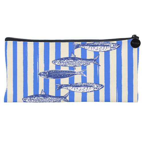 Minimalist Sardines on Blue Stripes - flat pencil case by EZbie